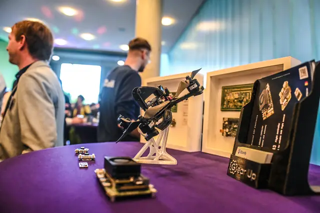 A drone and electronics on show at one of the booths.